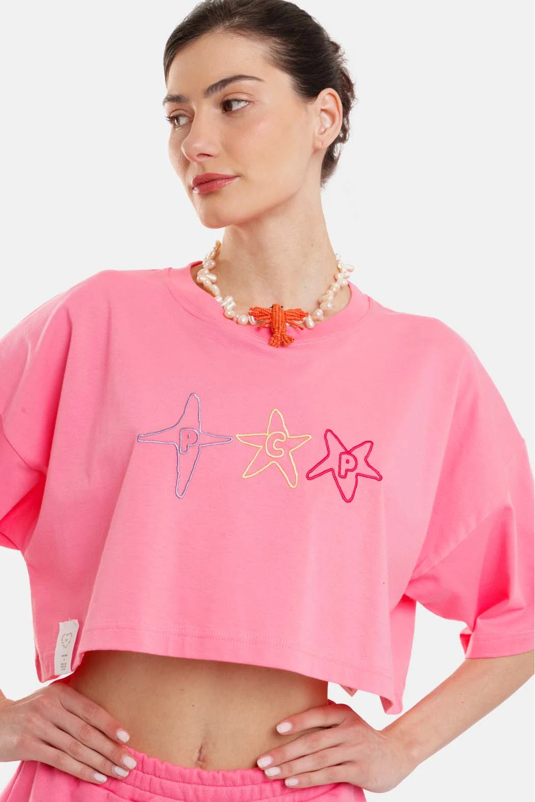 Γυναικείο Crop Top με κέντημα Stars - Salmon