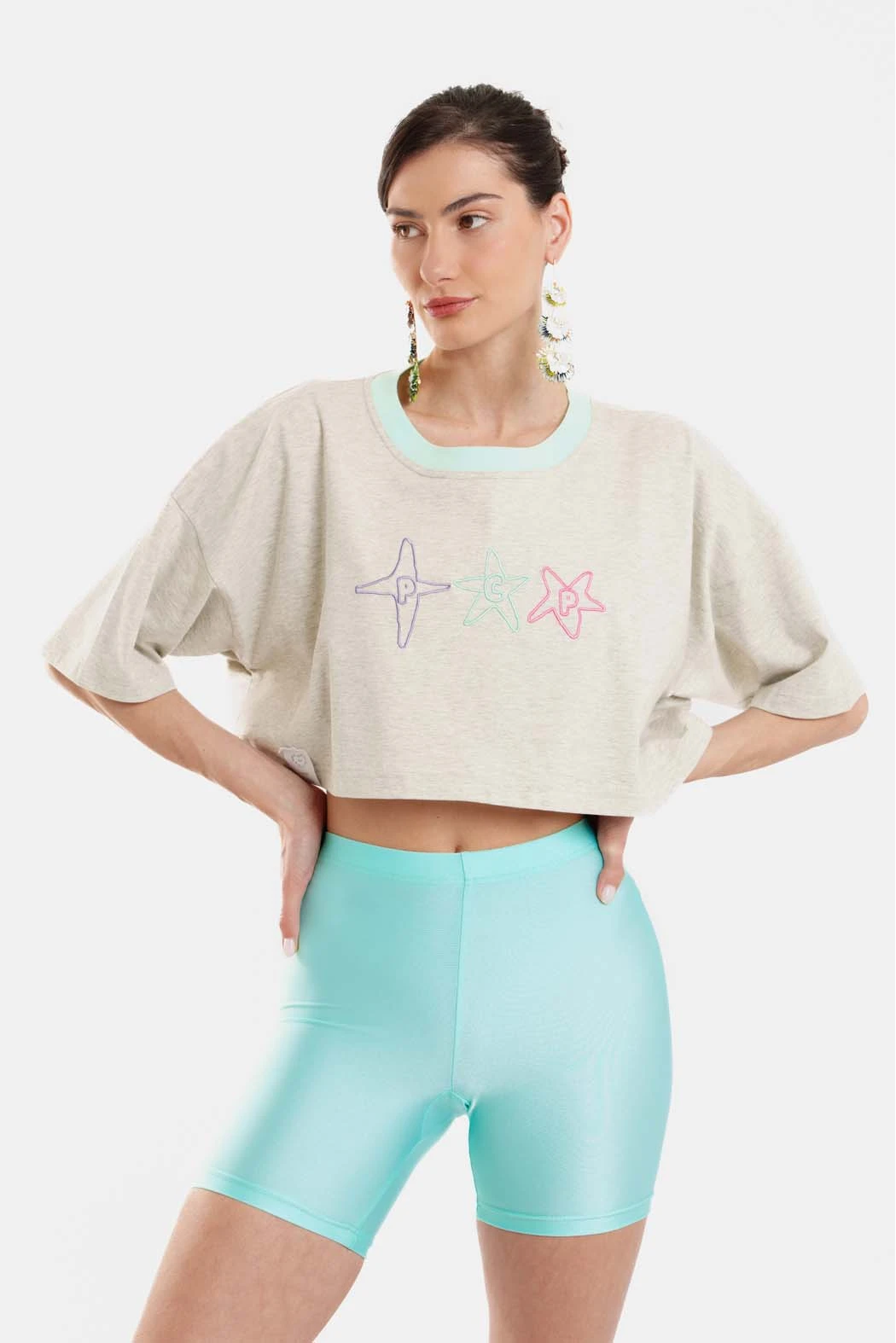 Γυναικείο Crop Top με κέντημα Stars - Grey