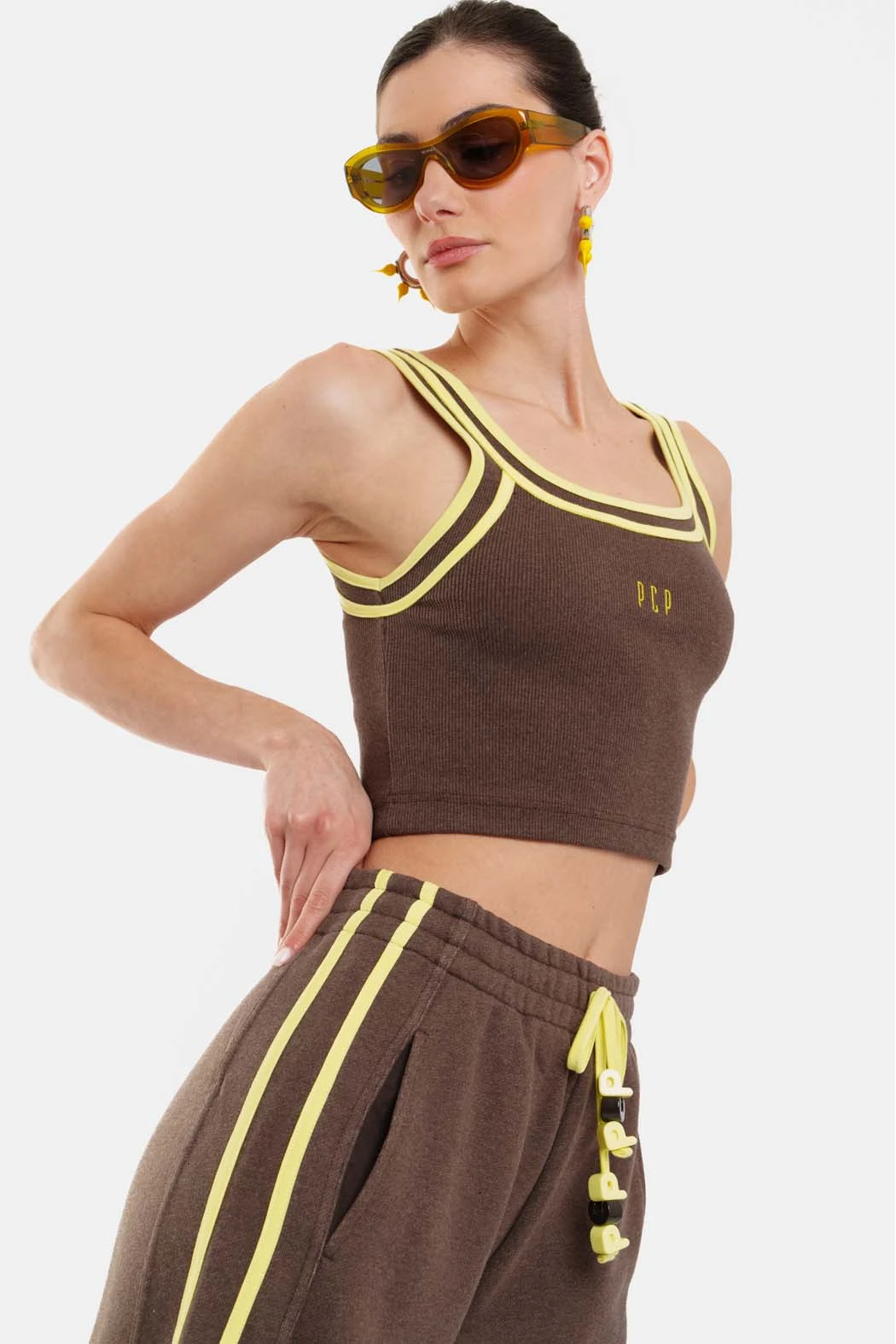 Γυναικείο Rib Αμάνικο Crop Top με κέντημα Niki Rank - Brown