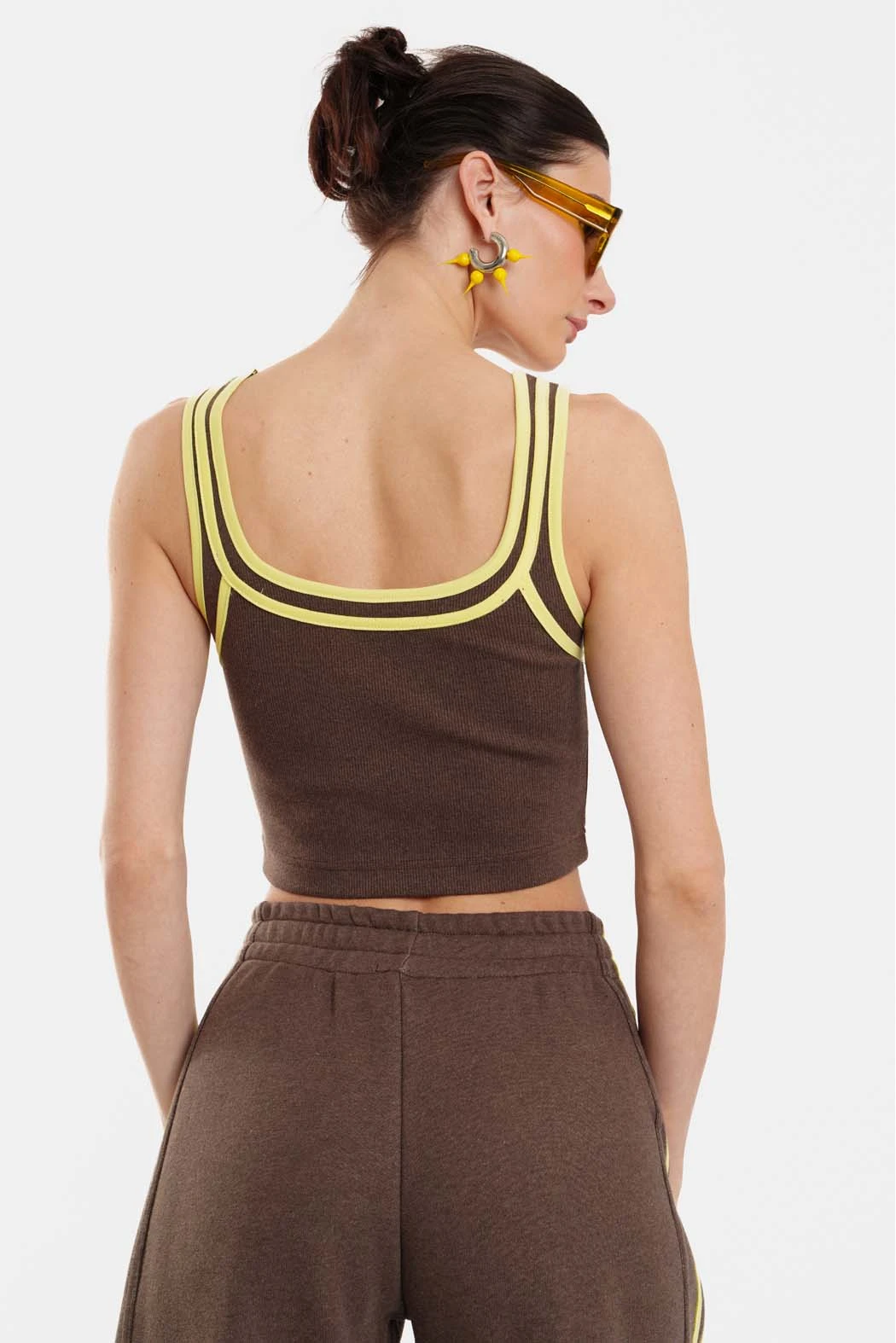 Γυναικείο Rib Αμάνικο Crop Top με κέντημα Niki Rank - Brown - Image 5