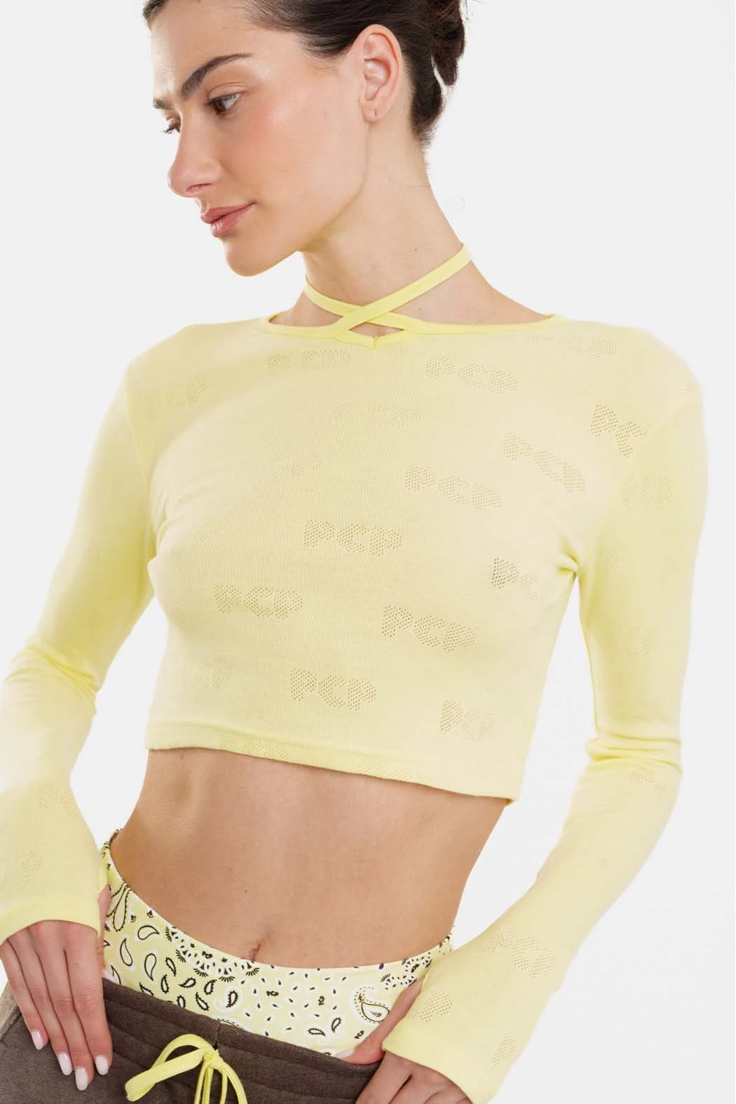Γυναικείο Crop Top με pointelle Elody - Yellow - Image 3